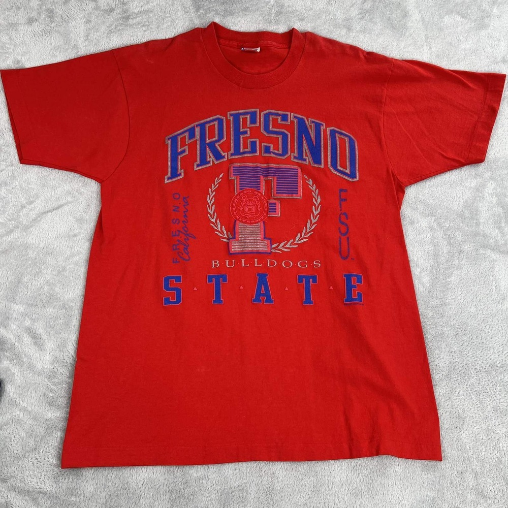 Vintage 90's Puff Print Fresno State Bulldogs T Shirt XL Fruit Loom Red Made USA